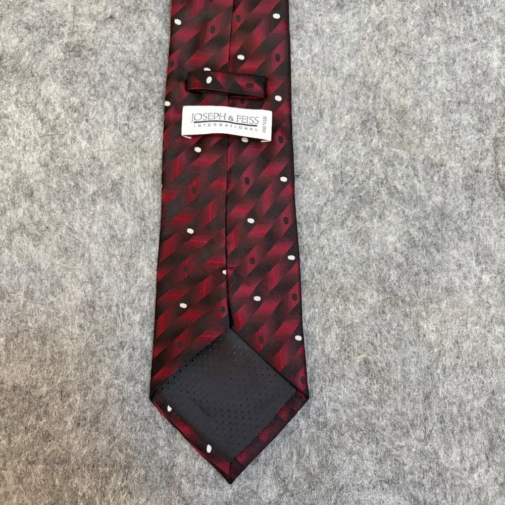 Joseph & Feiss International Silk Tie Burgundy Red Black Geometric Polka Dot EUC